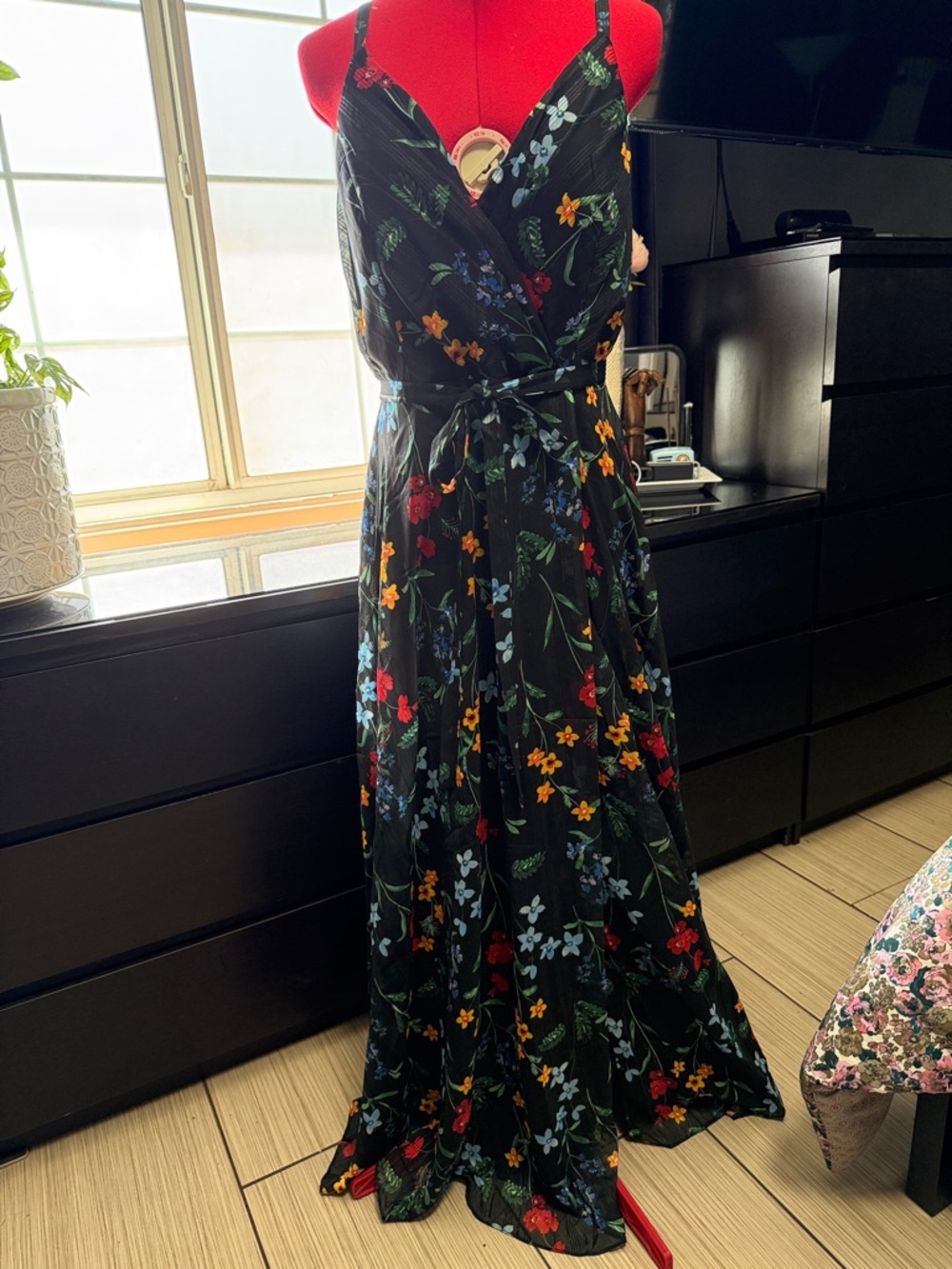Night Way Collections Black Floral Maxi Wrap Dress with Tie